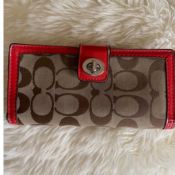 COACH Signature Canvass Wallet Red Leather Trim FLAWED - Picture 1 of 8